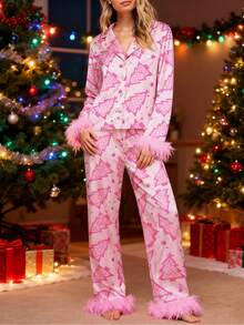Women Y2k Silk Satin Christmas Pajamas Sets Xmas Tree/Santa Claus Print Plush Trim Long Sleeve Sleepwear Holiday Print Two Piece Pjs Pants PJs Set Loungewear - 淺粉色 - 查看 2