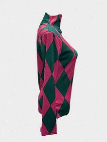 2024 New Spring/Autumn Women Printed Long Sleeve T-Shirt, Slim Fit Mock Neck Casual Undershirt - Hot Pink - View 5