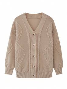 1pc Women's Plus Size V-Neck Long Sleeve Button Front Ribbed Cable Knit Cardigan Sweater, Casual Versatile Jacket, Suitable For Autumn And Winter - Khaki - View 1