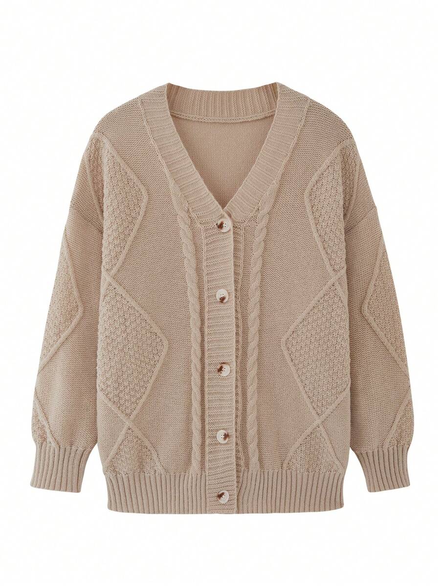 1pc Women's Plus Size V-Neck Long Sleeve Button Front Ribbed Cable Knit Cardigan Sweater, Casual Versatile Jacket, Suitable For Autumn And Winter - Khaki - View 1