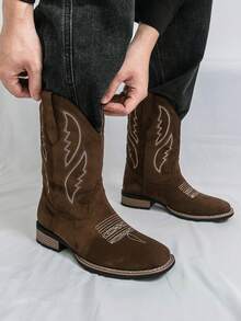 Botas Ocidentais Unissex, Botas de Cowboy Bordadas em Camurça, Botas de Bico Quadrado, Estilo de Casais