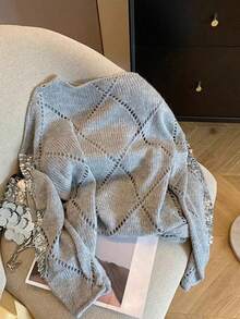 EAVA 女士复古高端慵懒风亮片镂空针织套头毛衣，老钱风格，休闲宽松版型，亮片