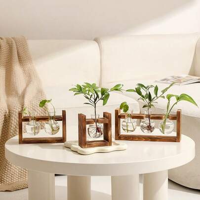 1pc Creative Wooden Frame Hydroponic Flower Vase, Glass Container For Greenery Plants, Home/Office Decor, Transparent Glass Flower Arrangement. Suitable As Gift For Friends, Christmas Present