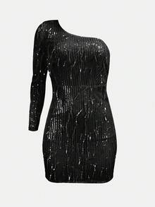 單肩亮片緊身連衣裙 - 黑色 - 查看 1