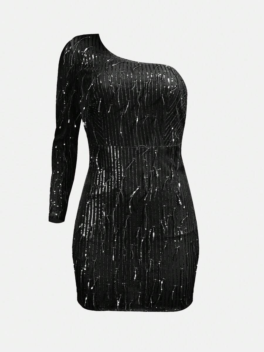 單肩亮片緊身連衣裙 - 黑色 - 查看 1