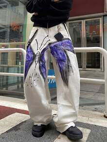 1件美式街头风男士手绘阔腿牛仔裤，宽松百搭休闲牛仔裤（不含腰带和配饰） - 白色 - 查看 6