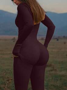 Mystra 女士休闲撞色罗纹拉链连体裤 - 中紫紅色 - 查看 5