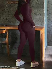 Mystra 女士休闲撞色罗纹拉链连体裤 - 中紫紅色 - 查看 7