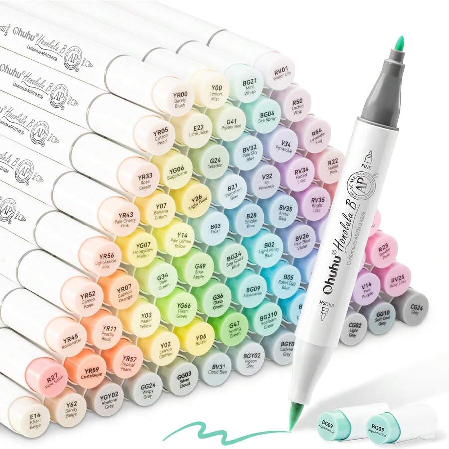 Ohuhu Pastel Markers Alcohol Based -96 Pastel Colors Of Sweetness & Blossoming - Double Tipped Art Alcohol Markers For Artist Adults' Coloring Illustration - Brush & Fine - Honolulu B - 彩色 - 查看 1