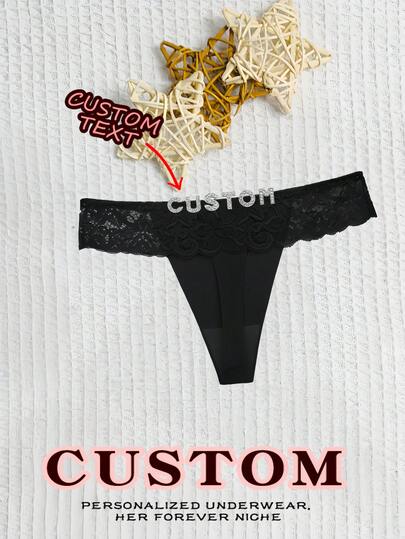 1pc Women's Custom Text & Floral Lace Design, Black Lace & Elastic Fabric, Comfortable & Seductive, Personalized & Alluring Sexy Lingerie Thong For Intimate Occasions & Valentine's Day