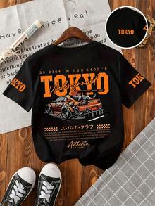 Young Boy Summer Casual Car Logo Print Short Sleeve T-Shirt - Black - View 2