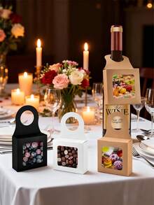 10pcs Kraft Paper Wine Bottle Box With Window Hanging Foldable Wine Box Gift Box For Decorative Bottle Hanging Gift Box, Foldable Weight Used For Yes Hanging Wine Bottle Gift Decoration, Suitable For Wedding, Party, Birthday, Christmas, Graduation Ceremony, Bridal Shower, Etc., There Are Three Colors, 3.5 X3.5x1.2 In (About 9x9x3cm), Christmas Party Supplies, Family Dinner