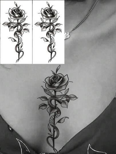 STARTTOOS 2张大号花卉手臂纹身贴纸 - 简约花朵蛇形缠绕式临时假纹身，适合DIY、动漫节、嘉年华、音乐节、情人节、派对礼物，防水逼真，可贴于性感的大腿、胸部、腹部、背部、肩膀、颈部、锁骨等部位。