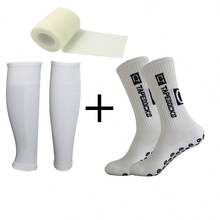 3 Stücke/Set selbstklebende Fußballsocken für Herren, dick, feuchtigkeitsableitend, rutschfest, stoßabsorbierend Kniestrümpfe für Basketball Sport mit Beinmanschette & Bandage