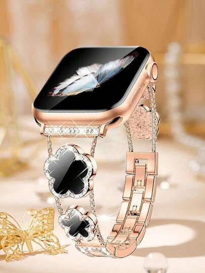 Five Leaf Clover Apple + Watchs Band For Women - Lucky Charm Compatible With Apple Watch Series Ultra 1110 9 8 7 6 5 4 3 21 SE (38mm 40mm 41mm 42mm 44mm 45mm 46mm 49mm) - Crystal Rhinestone Bling Diamond Pendant Design - Premium Stainless Steel Metal Bracelet Strap - Fashion Jewelry Style - Dressy Cute Elegant Adjustable Band - Perfect Gift For Women Girls - Business Formal Wedding Date Night Wear