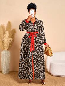 BIUBIU Đầm sơ mi cài cúc phối màu tương phản họa tiết da báo thời trang thu/đông dành cho nữ cỡ lớn, thích hợp mặc hàng ngày, làm đầm mùa đông, trang phục mùa thu, áo khoác mùa đông cho nữ, thanh lịch cho kỳ nghỉ xuân. - Nâu báo - Xem 3