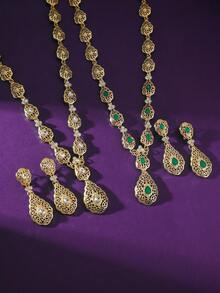 1 Set Gold-Plated Necklace & Earring Jewelry Set, Middle Eastern Arabic Floral Pattern Classic Teardrop Pendant Necklace, Luxury Wedding Jewelry, Moroccan Fashionable Style, Bridal Bridesmaid Wedding Gold Necklace Decor