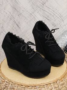 Giày cao gót đế xuồng buộc dây thời trang, đế dày mới, đơn giản, dành cho mùa xuân/thu, ngoài trời, cỡ lớn dành cho nữ - màu đen - Xem 7