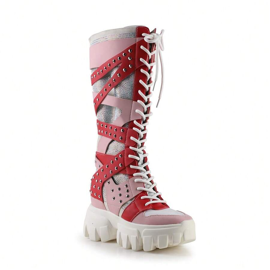 Women Edge Multicolor Rhinestone Knee-High Wedge Platform Sneakers Pink Punk Basics Lace Up Outdoor All Season - 粉色 - 查看 1