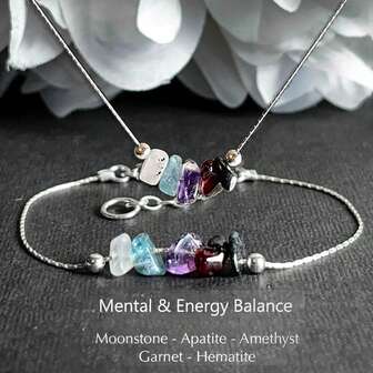 A Necklace And Bracelet Made Of Natural Raw Stone For Spiritual And Energy Balance, Crafted From Moonstone, Apatite, Amethyst, Garnet, And Hematite, Serving As A Festive Gift.