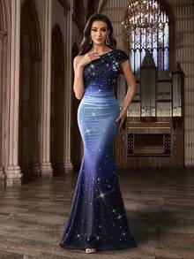 QOQ Charm 女士纯色礼服晚礼服适合毕业派对、庆典、红毯活动，不对称领口烫钻水钻礼服 - 藏蓝色 - 查看 2