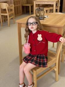 2 件套女婴甜美学院风优雅淑女温柔休闲户外简约舒适纯色针织上衣，3D 卡通兔子蝴蝶结装饰，长袖圆领毛衣和格子褶皱迷你裙，适合春季、秋季、冬季 - 酒紅色 - 查看 5