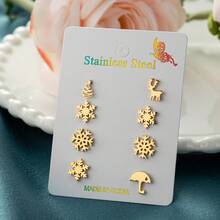 4 Pairs/Card Of Brand-New European And American Christmas-Themed Earrings, Cute Asymmetrical Snowflake And Reindeer Earring Set, Stainless Steel Earrings, Perfect For Daily Wear As A Gift For Family And Friends - A-zH032 - View 6