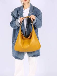 新款柔软皮革女士包，简约休闲单肩包，女士流浪包，简约腋下包，大容量手提包，适合工作通勤购物休闲 - 黃色 - 查看 6