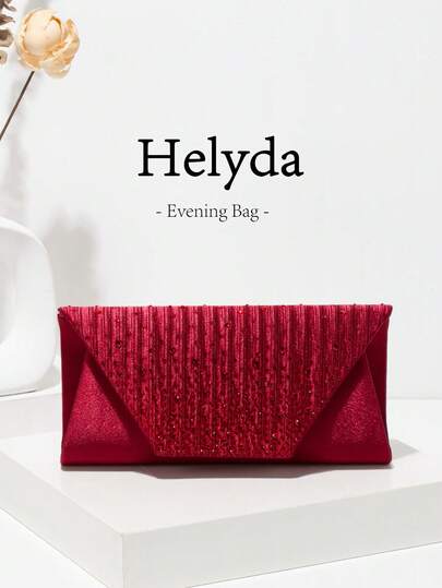 1 Stück Helyda Damen Satin Abendtasche in Weinrot, mit plissiertem Design und Strass-Akzenten für einen modischen und eleganten Look, geeignet für Hochzeiten, Partys, Galas und andere formelle Anlässe