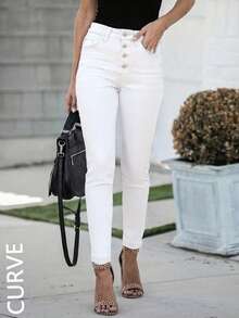 Celana Jeans Kasual Skinny Berpotongan Sobek dengan Kancing Depan untuk Wanita Ukuran Plus, Cocok untuk Kencan dan Jalan-jalan - Putih - View 3
