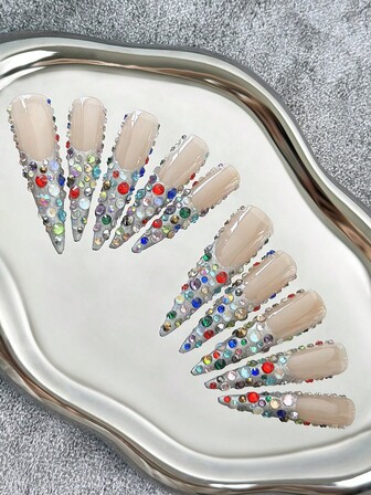 56MM Långa Stilettnaglar Franska Handgjorda Press-On Naglar Med Flerfärgat Spegelglitterpulver Ombre, Färgblockerande, Full Täckning av Strass & Lyxiga 3D-Designer - Full Täckning Konstgjorda DIY Glitter Lösnaglar För Vardagsbruk, Fester, Strandutflykter, Semestrar, Sammankomster, Arbetsevenemang & Speciella Tillfällen - 10 Styck/Påse