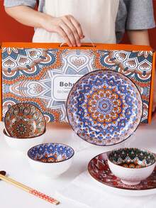 Bohemisk keramikskål, underglasyrmålad risskål, ny förtjockad keramikporslin, kan förpackas i presentask, lämplig för servering av ris, sallad, pasta, desserter, och ett idealiskt val för presenter till familj och vänner, inflyttningsfiranden. Keramiskt porslin, ugn, mikrovågsugn och diskmaskin. - Multifärgad - Visa 7