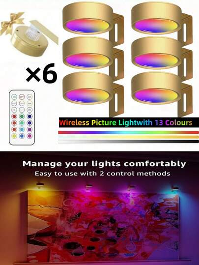 1/3/ Wireless Metal Art Battery Powered LED Picture Lights, Magnetic Lamp, Fairy Lamps, Led Night Light, Lighting, Book Lights Room Adjustable Temperature, Timer, Remote Press Control Perfect Gallery, Stairs, Corridors
