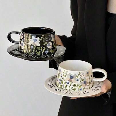 Set di tazza da caffè e piatto vintage, dipinto a olio con tazza da caffè a campana e piatto, tazza da latte dipinta a mano, set regalo in ceramica