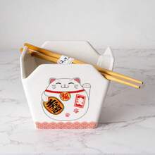 Chinese Takeout Box Style Porcelain Bowl With Chopsticks Lucky Cat Maneki Neko Design 18 Fl Oz Square Shape, Medium, White/Red, BCH54-100,26646695 - 青檸色 - 查看 5