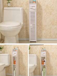 1pc Large Capacity Minimalist White Bathroom Wooden Slim Storage Cabinet, Narrow Gap Fit + Doors For Dust Protection, Toilet Space Saver With Built-In Tissue Holder, Ideal For Small Bathrooms - White - View 4