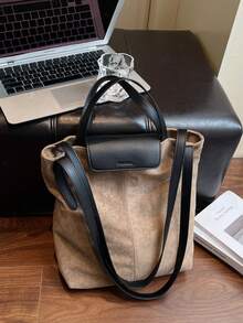 1 Pc, Contrast Color Suede Texture Women's Shoulder Handbag, Retro Casual Large Capacity Handbag, Magnetic Buckle Zipper Closure, Suitable For Travel, Shopping