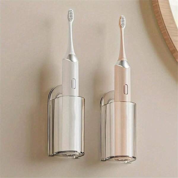 1/2pcs Minimalist Transparent Base / White Body Rectangular Toothbrush Holder, Strong Load-Bearing, Wall-Mounted Installation, No Electricity Needed, Self-Adhesive Electric Toothbrush Holder, Suitable For Christmas Gift Exchange, Bathroom Organization, Autumn Renewal, Back To School Essentials, Bathroom Storage Essential