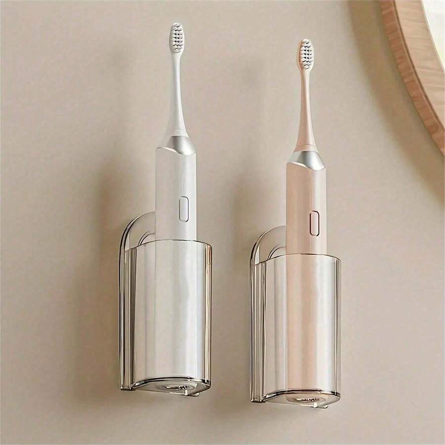 1/2个极简透明底座/白色主体长方形牙刷架，承重力强，壁挂式安装，无需用电，自粘式电动牙刷架，适合圣诞节礼物交换、浴室收纳、秋季焕新、返校必备、浴室收纳好物 - 彩色 - 查看 1