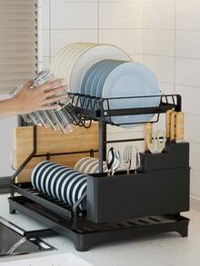 1个双层碗碟沥水架，厨房大号双层不锈钢碗碟架，可折叠防锈碗碟架，黑色 - 彩色 - 查看 6
