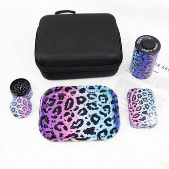 Stor förvaringsväska i EVA, färgglad leopardmönstrad design, inkluderar bricka + tillbehör till vakuumrör, hög kapacitet för rökapparater, bekväm för hemmabruk och utomhusbruk, perfekt för fester, helgdagar och alla hjärtans dag