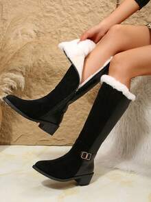 欧洲车站真皮秋冬新款骑士靴、复古高筒靴、美拉德平底过膝直筒靴、毛绒靴 - 黑色 - 查看 1