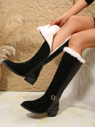 欧洲车站真皮秋冬新款骑士靴、复古高筒靴、美拉德平底过膝直筒靴、毛绒靴