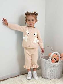 2pcs Baby Girls Cute Rabbit Bow Pattern Pink Long Sleeve Knitted Cardigan And Pink Knitted Pants Set, Comfortable And Warm, Suitable For Daily, Vacation, School, Spring, Autumn, Winter