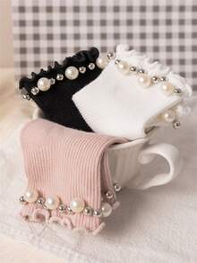 3双/套 女婴手工珍珠袜 春秋季公主风儿童可爱袜子 幼儿儿童柔软蕾丝短筒踝袜 地板袜 适合0-8岁 白色 粉色 深粉色