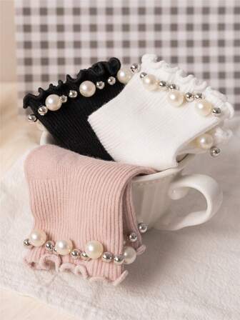 3双/套 女婴手工珍珠袜 春秋季公主风儿童可爱袜子 幼儿儿童柔软蕾丝短筒踝袜 地板袜 适合0-8岁 白色 粉色 深粉色