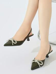 Giày cao gót hở mũi đính nơ đính đá cho nữ, kiểu dáng kitten heel thanh lịch và thoải mái, thích hợp cho các bữa tiệc trang trọng, đám cưới, dạ tiệc mùa thu/đông, màu xanh ô liu, trang phục dự tiệc - xanh quân đội - Xem 3