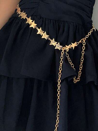 1 pieza/Set Cadena para la cintura de mujer, Cadena para la cintura con estrella, Nueva cadena de cintura de nicho, Accesorio de alta gama de moda dulce, Cadena decorativa para la cintura del vestido al estilo INS, Cinturón delgado para la cintura, Versátil de moda, Adecuado para uso diario