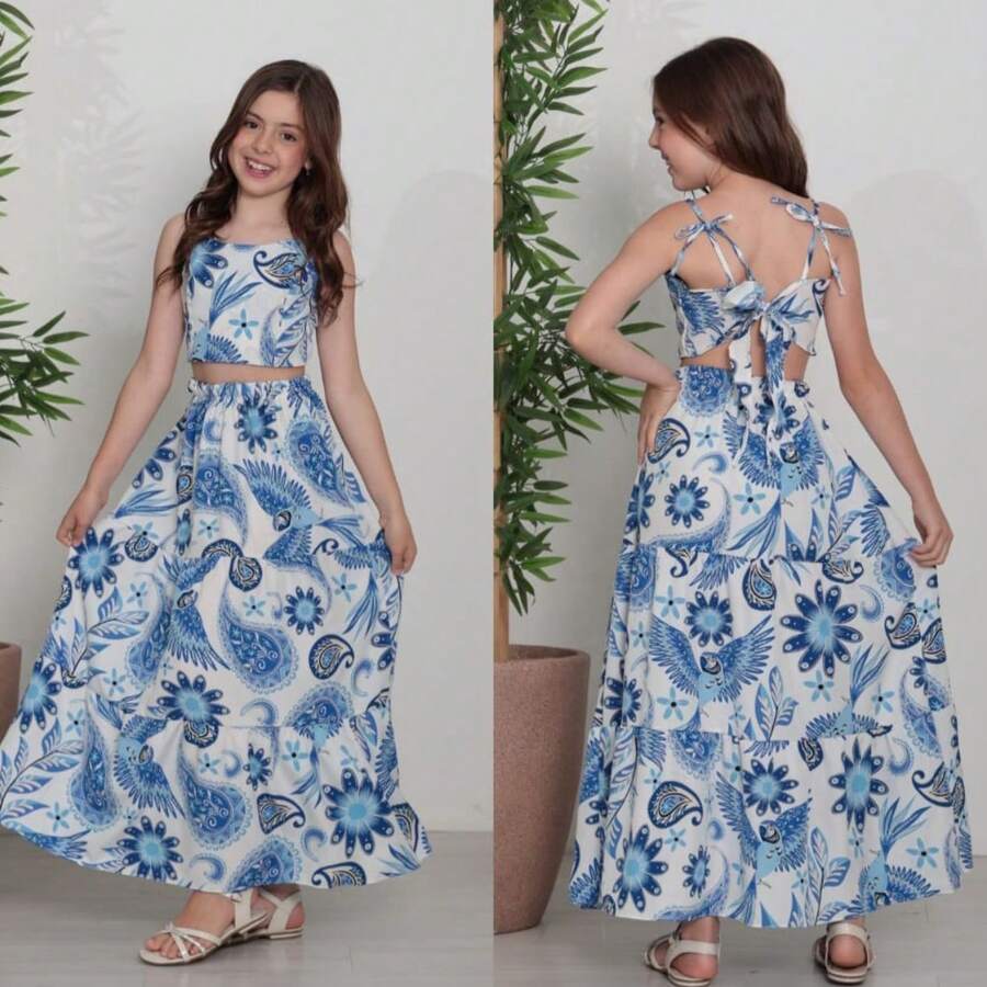 Krica Kids - Conjunto Juvenil Cropped e Saia Longa Estampada 10 a 16 Anos Verão Blogueira Festa