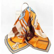 Silk Scarf 43 Large Square Lightweight Headscarf Shawlu2013Women Hair Wraps - With Packed - Brown & Blue -horse - View 3